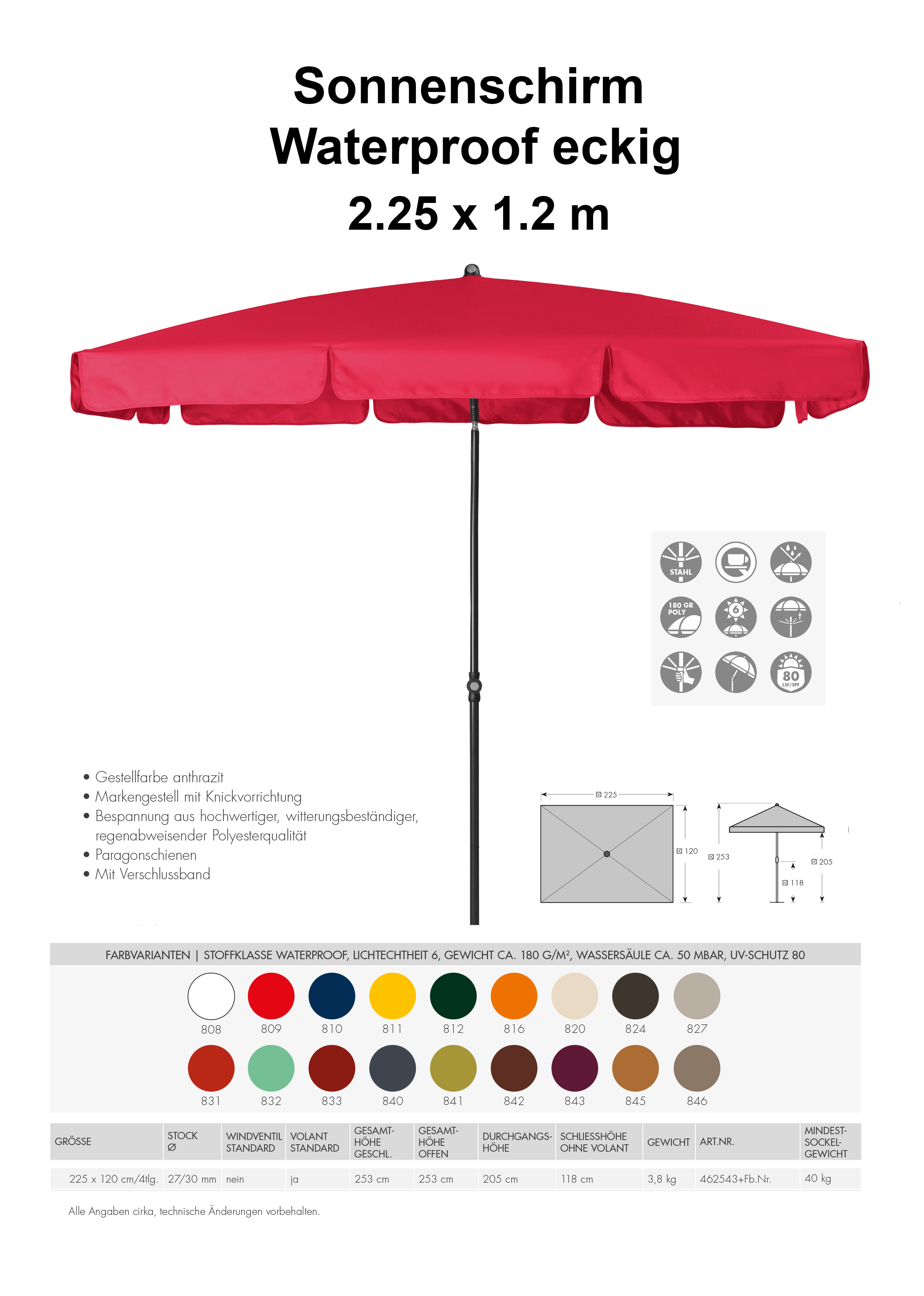 Sonnenschirm Waterproof eckig 225 x 120 cm